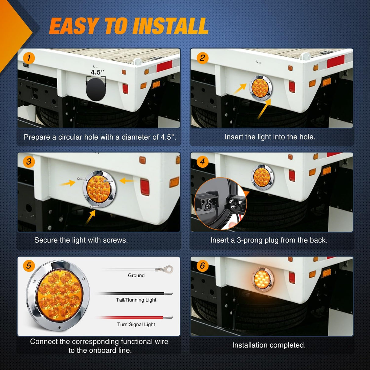 Trailer Tail Lights 2PCS 4Inch Round 12LED Amber Chrome Frame | IP67 Waterproof Marker Clearance Turn Signal Running Taillights for Trailer Truck Pickup Camper RV
