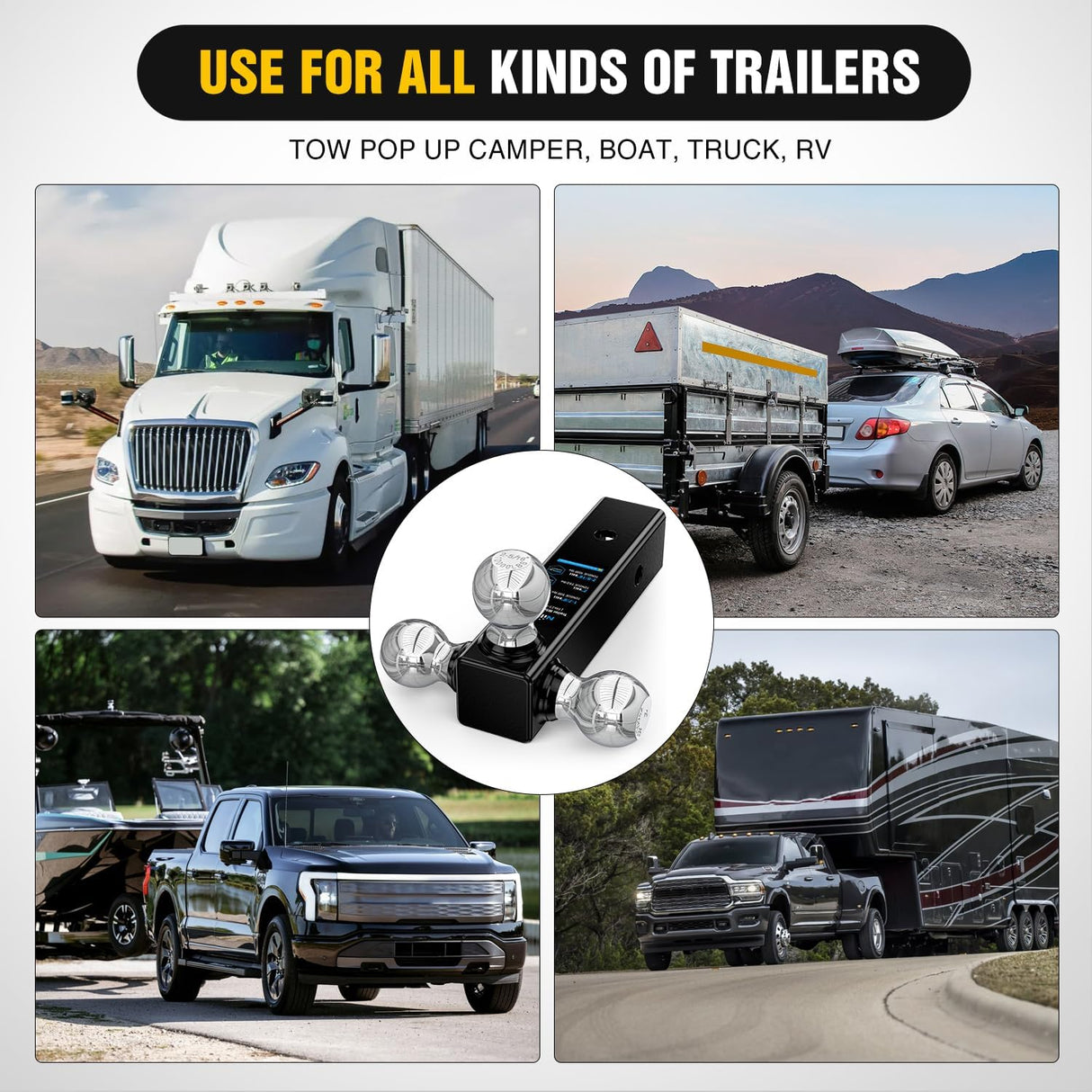 Multi-Ball Trailer Hitch Ball Mount, 1-7/8, 2, 2-5/16-Inch Balls, Triple Ball Mount fits 2-1/2-Inch Hitch Receiver, Chrome Plating