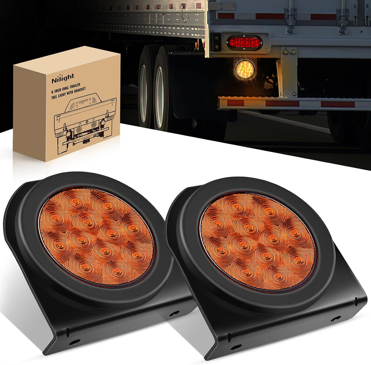 4 Inch Round Trailer Tail Light 2PCS Amber w/Mounting Brackets | Turn Signals Lights With Flush Mount Grommets Plugs s Kit For RV Truck Offroad Vehicles