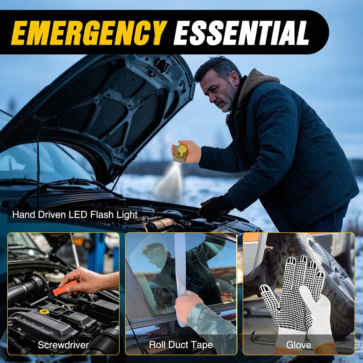 Car Emergency Kit with Jumper Cable Air Compressor Tire Repair Essential Tools First Aid Alligator Connector Electrical Kit for Travel Camping Outdoor Cars Truck SUV RV