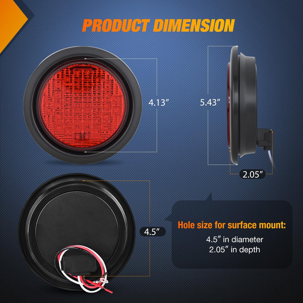 Trailer Tail Lights 2PCS 4Inch Round 40LED Red Stop Brake | Surface Mount Grommet IP67 Waterproof Marker Clearance Turn Signal Running Taillights for Trailer Truck Pickup Camper RV Bus