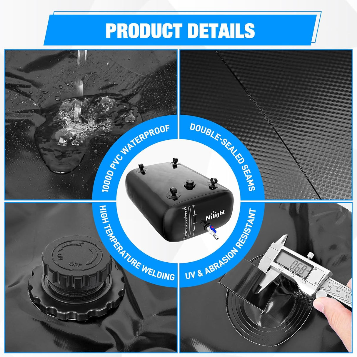 246Gal/1000L Water Storage Bladder, RV Potable Water Bladder Tank Camping 1000D PVC Foldable Collapsible Storage Containers for Truck Bed Carrier Garden Irrigation Emergency Water Use, Black