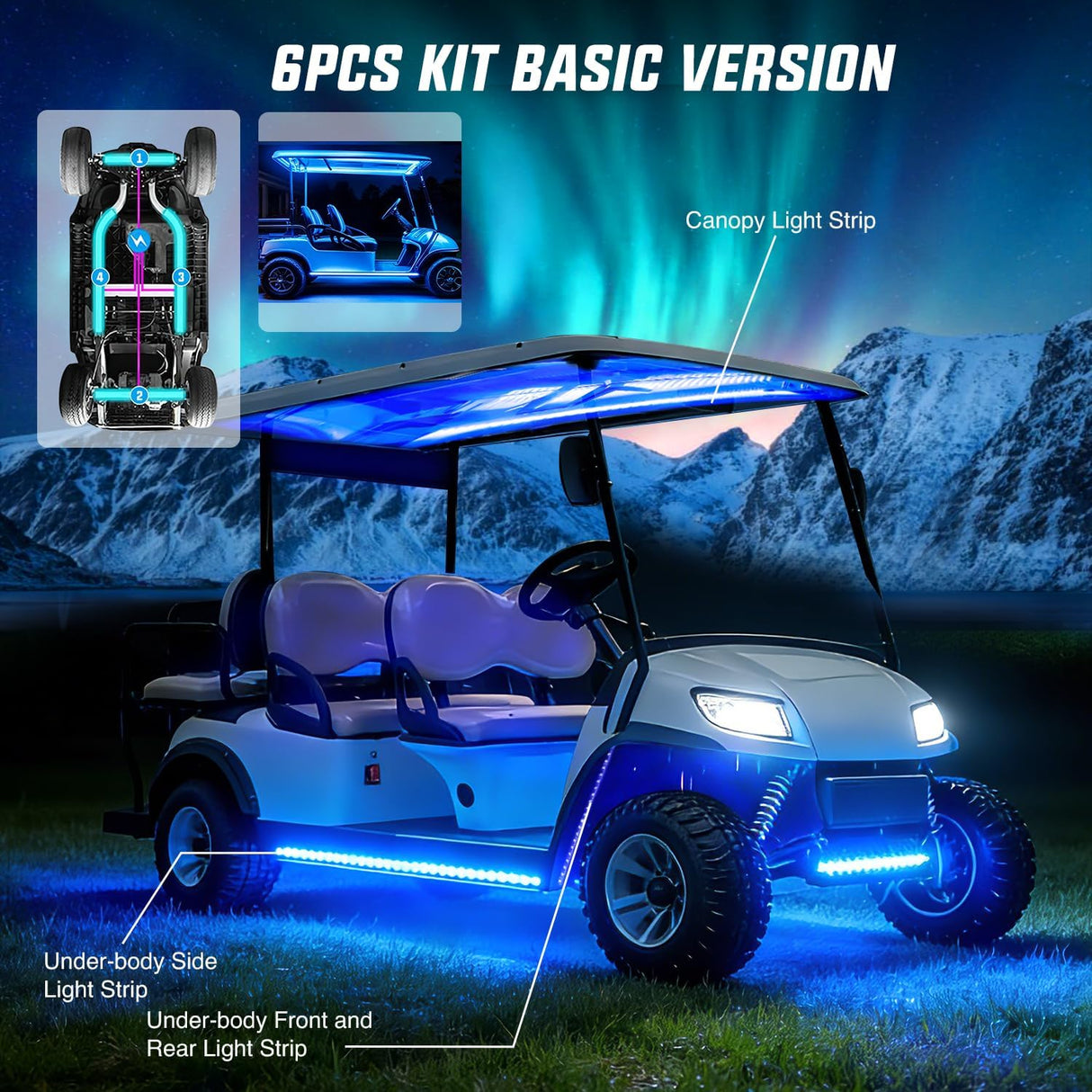 6PCS Golf Cart RGB LED Underglow Light Strips Kit APP & Remote | Multi-Mode Neon Accent Lighting Lamp Sound Active Music Sync IP67 Waterproof 12V-66V Input for EZGO Yamaha Club Car