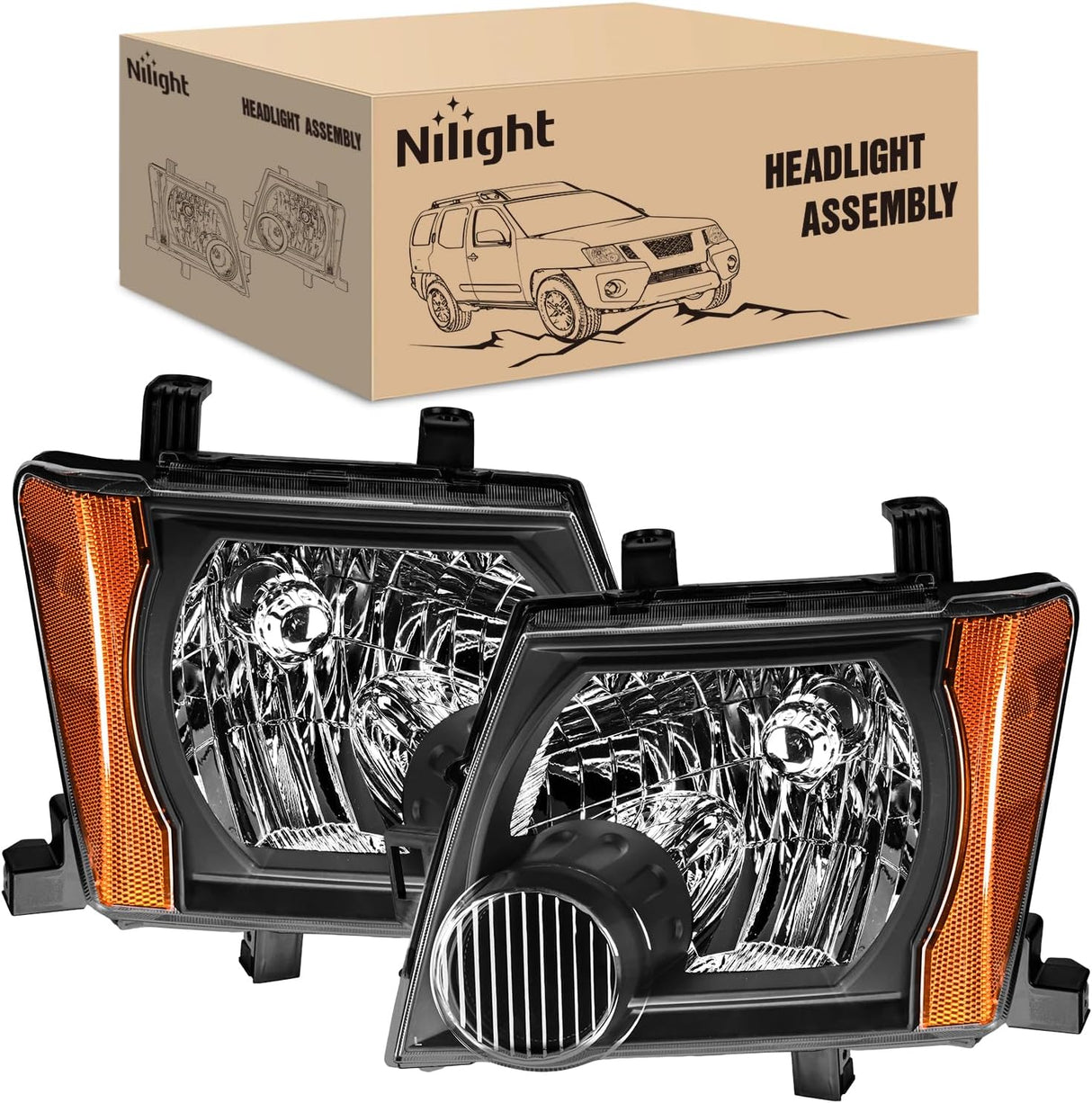 Headlight Assembly Compatible with 2005-2015 Nissan Xterra | 2005-2015 Nissan Xterra OE Style Replacement Black Housing Amber Reflector Headlamp