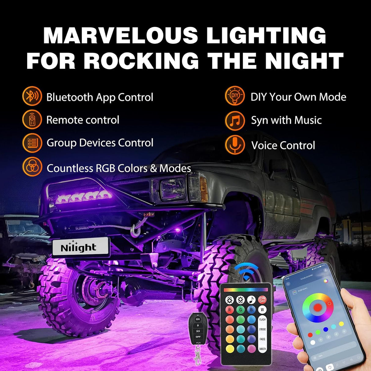 RGB LED Rock Lights Kit 6 PCS 18LED Wide Angle Wheel Well Light with Remote & Bluetooth App Dual Control Multi Modes Underglow Multicolor Neon Pod for ATV UTV SUV Offroad Truck RZR Boat