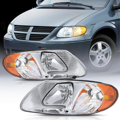 2001-2007 Chrysler Town & Country 2001-2003 Voyager 2001-2007 Dodge Grand Caravan Headlight Assembly Chrome Case Amber Reflector