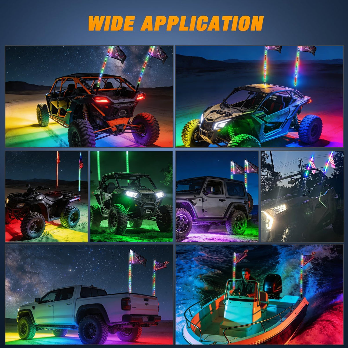 RGB LED Whip Light 2PCS 4FT with 4 Rock Lights Combo | APP and Remote Control with DIY Chasing Patterns Turn Signal Brake Reverse Functions and Spring Base for ATV UTV RZR and Jeep