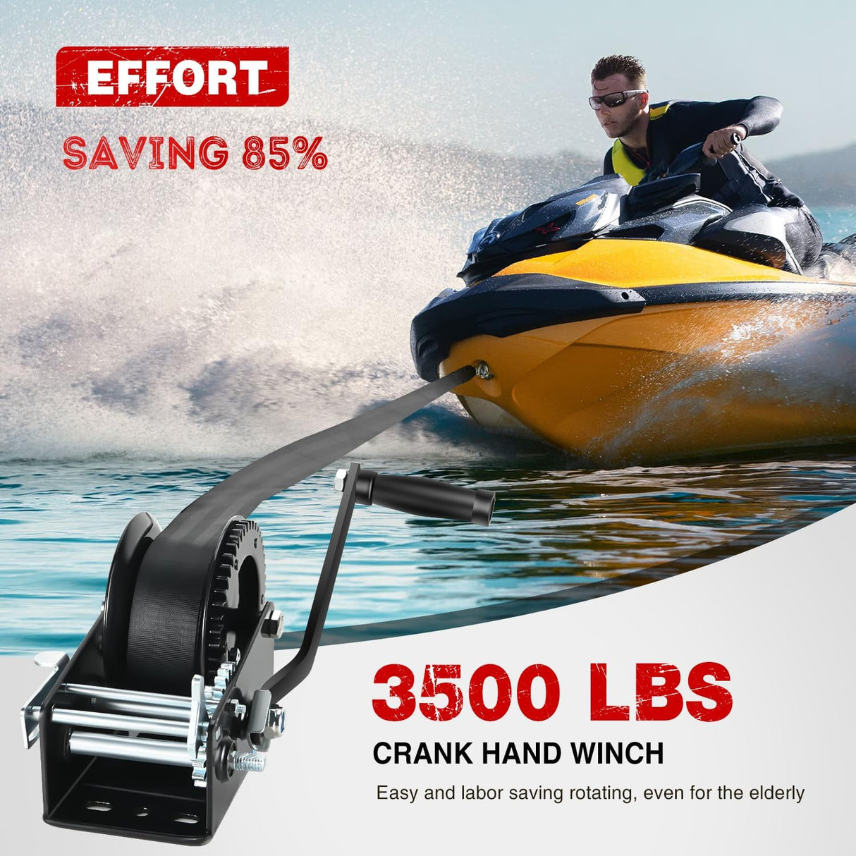Boat Trailer Winch 3500 Lbs Hand Crank Winch Heavy Duty Boat Winches with 33Ft Strap Rope Hook Two Way Ratchet 4:1 8:1 Gear Portable Marine Manual Winch for Trailers Boat RV ATV Jet Ski Towing