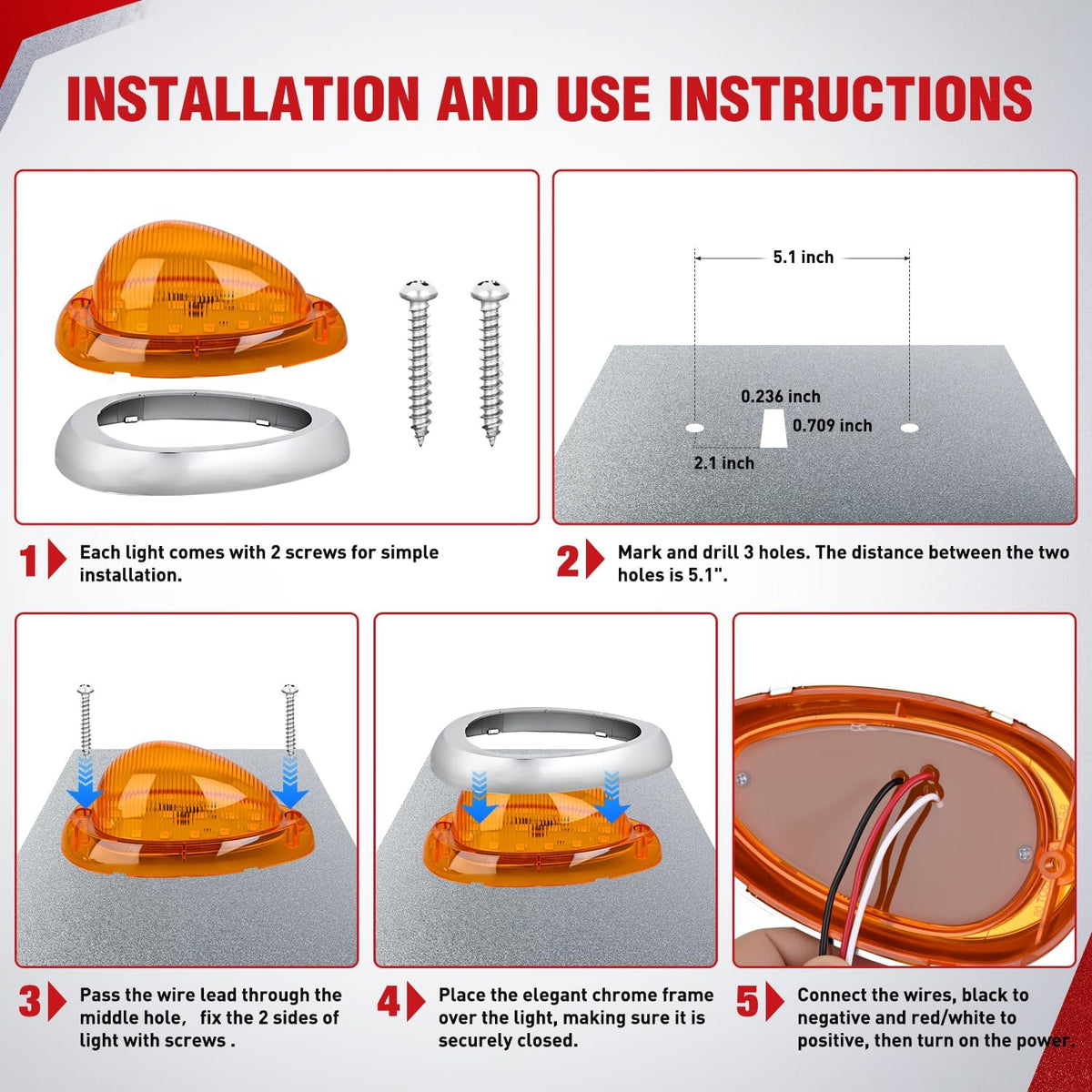 6 Inch Amber Teardrop Side Marker Light,18 LED Turn Signal | Amber Lens Chrome Bezel IP67 Waterproof Surface Mount 2 Pack Fits Freightliner Century Columbia & Coronado Trucks Trailers