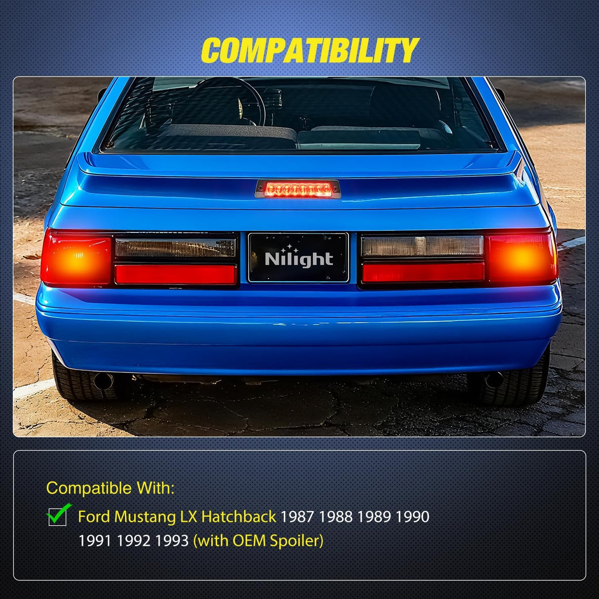 Third Brake Light for Ford Mustang Hatchback 1987-1993 with Spoiler | for Ford Mustang LX Hatchback 1987 1988 1989 1990 1991 1992 1993 with Spoiler Version, High Mount 3rd Stop LED Lamp, Smoked