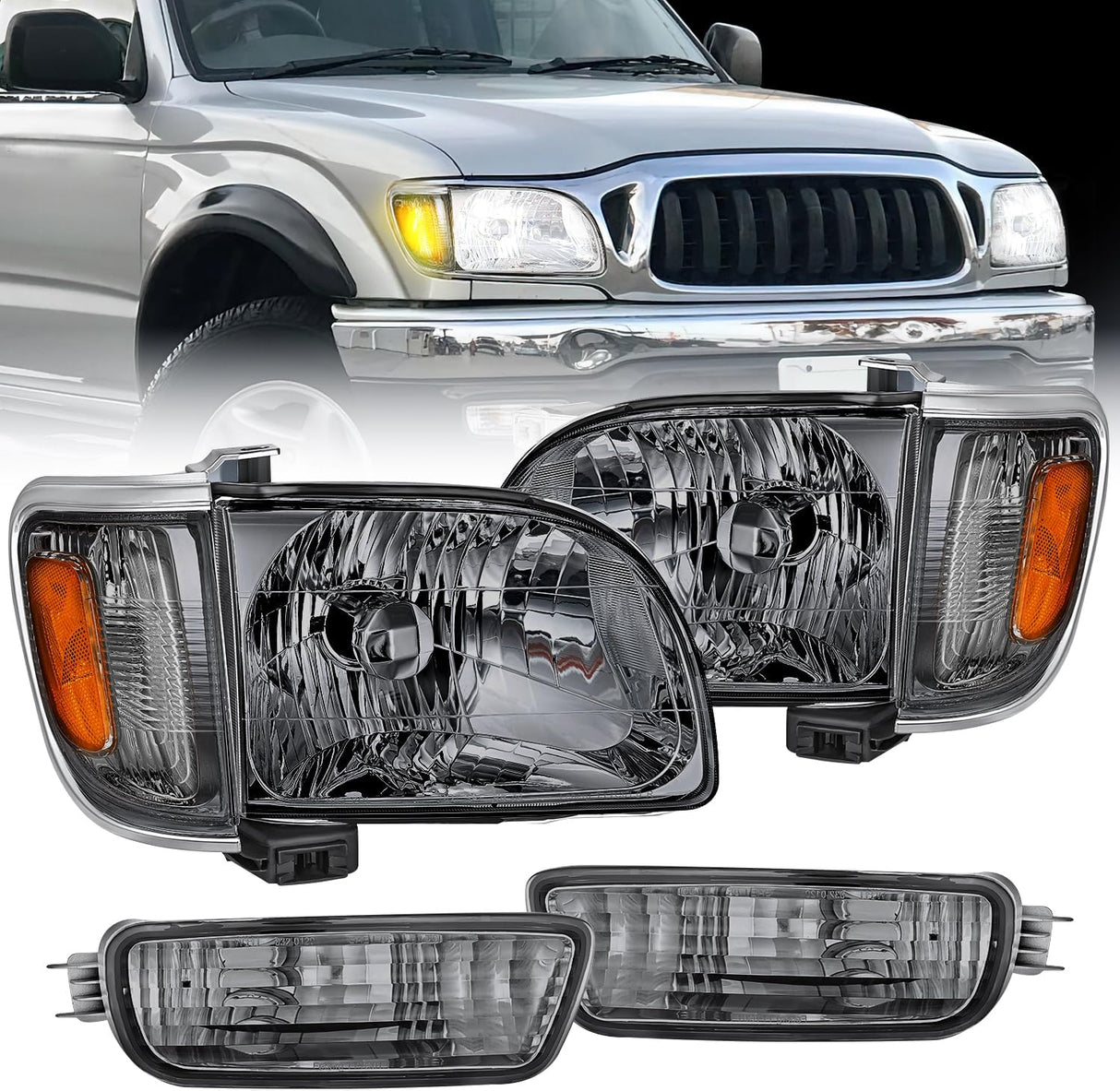 Headlight Assembly for 2001 2002 2003 2004 Toyota Tacoma Replacement Headlamp Chrome Housing Amber Reflector Smoke Lens Driver and Passenger Side