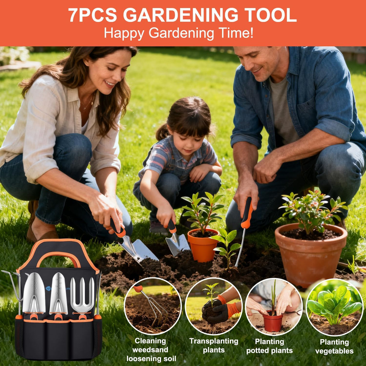 Gardening Tools 7-Piece Heavy Duty Garden Tool Set Gardening Supplies Gifts for Women Men Gardening Hand Tool Kit with Non-Slip Ergonomic Handle, Garden Bag, Pruning Shears, Black Orange