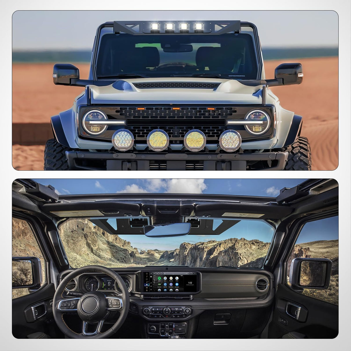 Windshield Frame Cover Light Bracket for 2021 2022 2023 2024 2025 2026 New Ford Bronco 2/4 Door Accessories Roof Sun Visor Cowl Body Armor with 4 x LED Lights Black