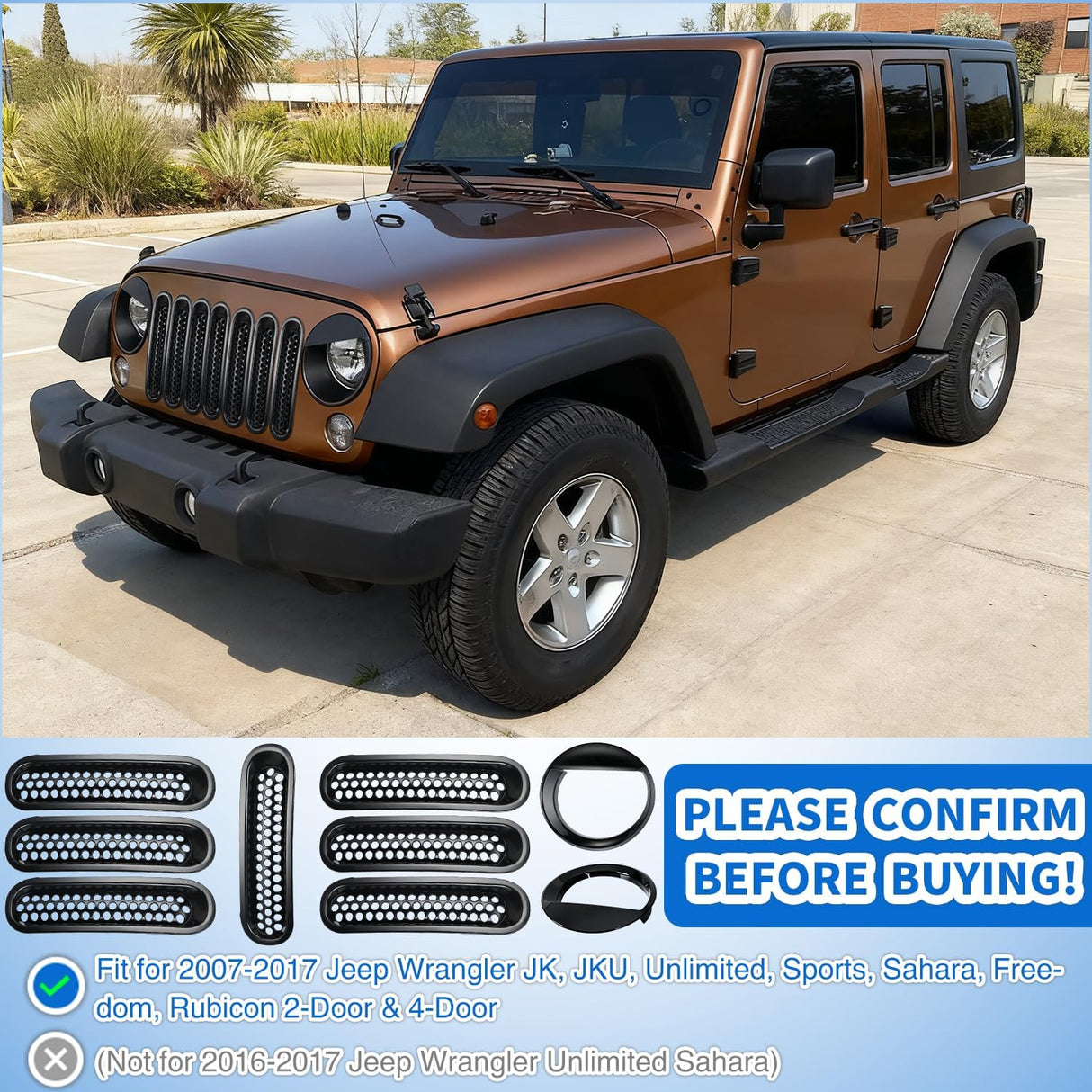 Grill Inserts fit for Jeep Wrangler Front Grille Mesh Inserts & Headlight Cover Set for JK JKU Unlimited Sports Sahara Freedom Rubicon 2007-2018 Clip-in Trim Exterior Accessories Black 9 Pcs