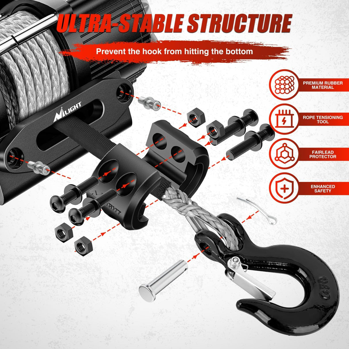 Synthetic Winch Rope Kit, 1/4 Inch x 50 Feet Winch Line Cable for ATV UTV Offroad, 10000 lbs Gray Winch Cable Ropes with Winch Fairlead+ Forged 35000lb Winch Hook+ Rubber Stopper Safety Strap