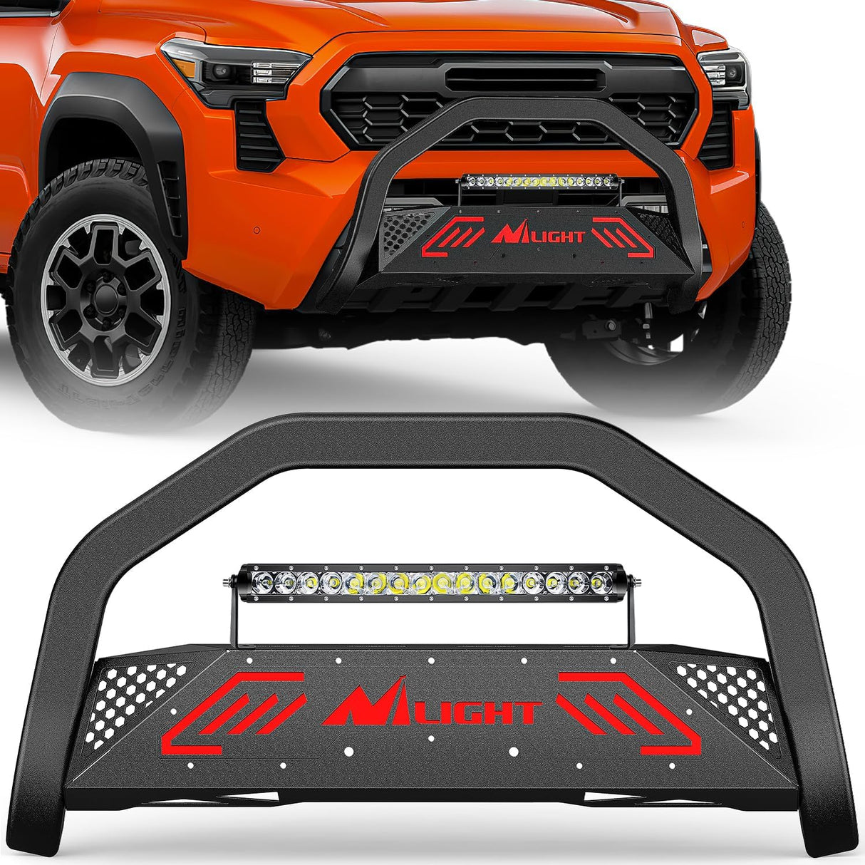 Bull Bar with Light Bar&License Plate Hole Compatible with Toyota Tacoma 2024 2025 2026 Truck Brush Guard, Front Bumper Push Bar w/Grille Skid Plate Light Mount