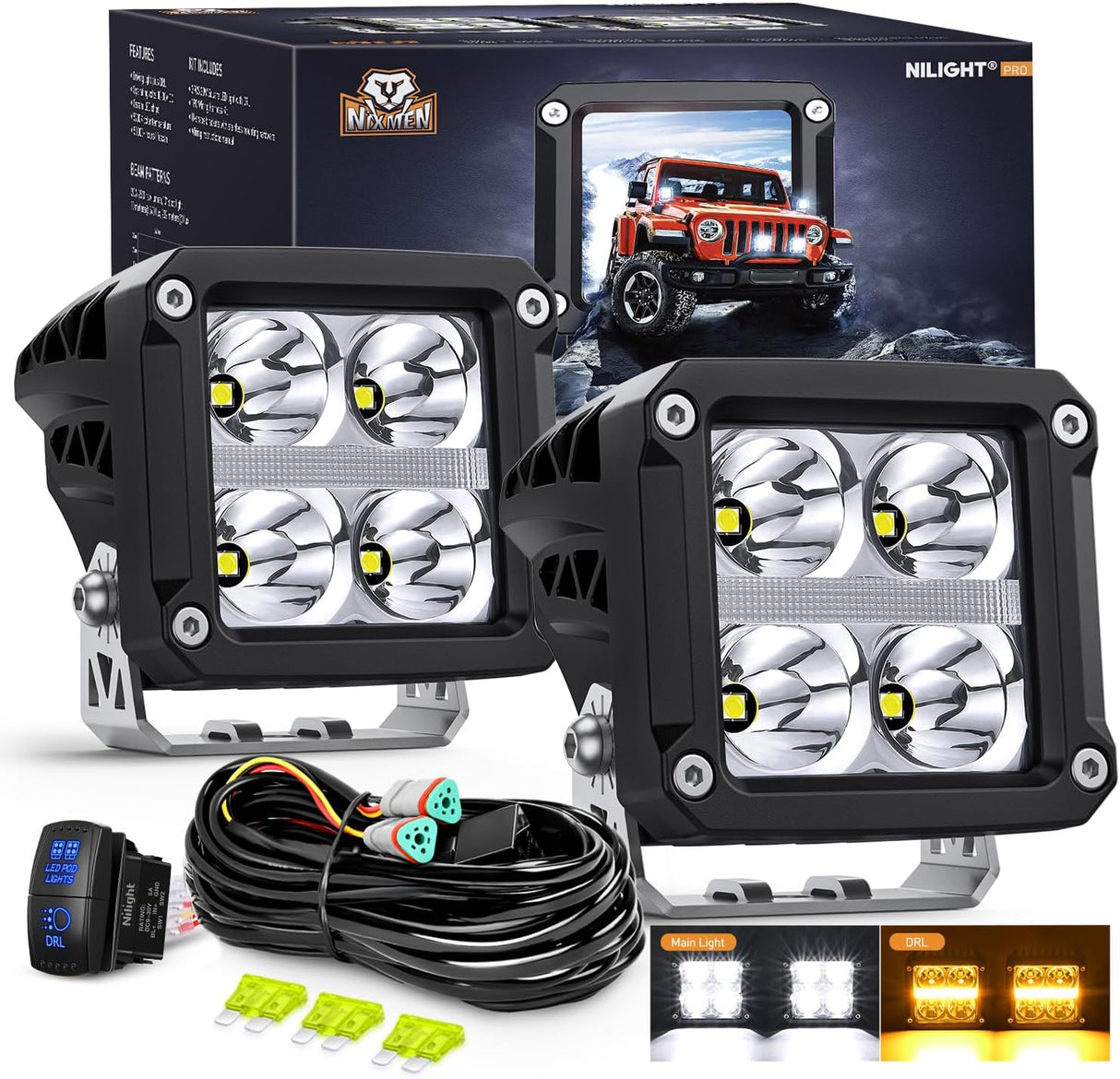 LED Pod Lights with Amber DRL 3.2 Inch Square 20W 2510LM Super Spot Beam w/ 16AWG Wiring Harness Kit Auxiliary Offroad Driving Ditch Light for Truck UTV ATV SUV 4x4