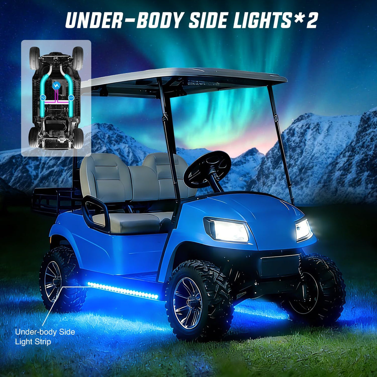 2PCS Golf Cart Underbody Lights Kit RGB Multi-Mode LED Neon Accent Lighting Lamp APP Remote Control Sound Active Music Sync IP67 Waterproof 12V-66V for EZGO Yamaha Club Car