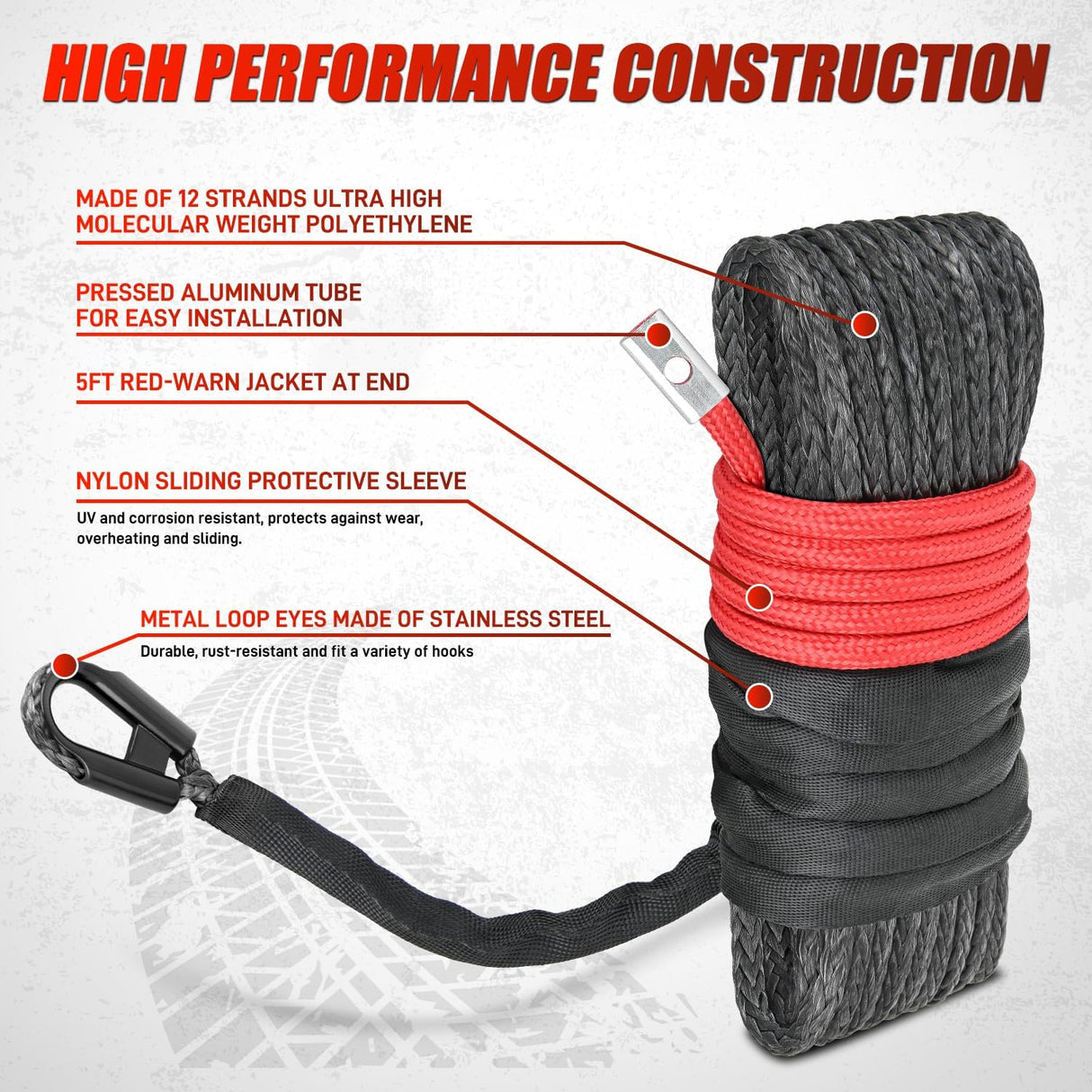 Winch Rope 1/4 Inch x 50 Feet Synthetic Winch Line Cable Kit for ATV UTV Offroad 10000 lbs Black Winch Line Ropes with Protective Sleeve+ Forged 35000lb Winch Hook+Rubber Stopper+Safety Strap