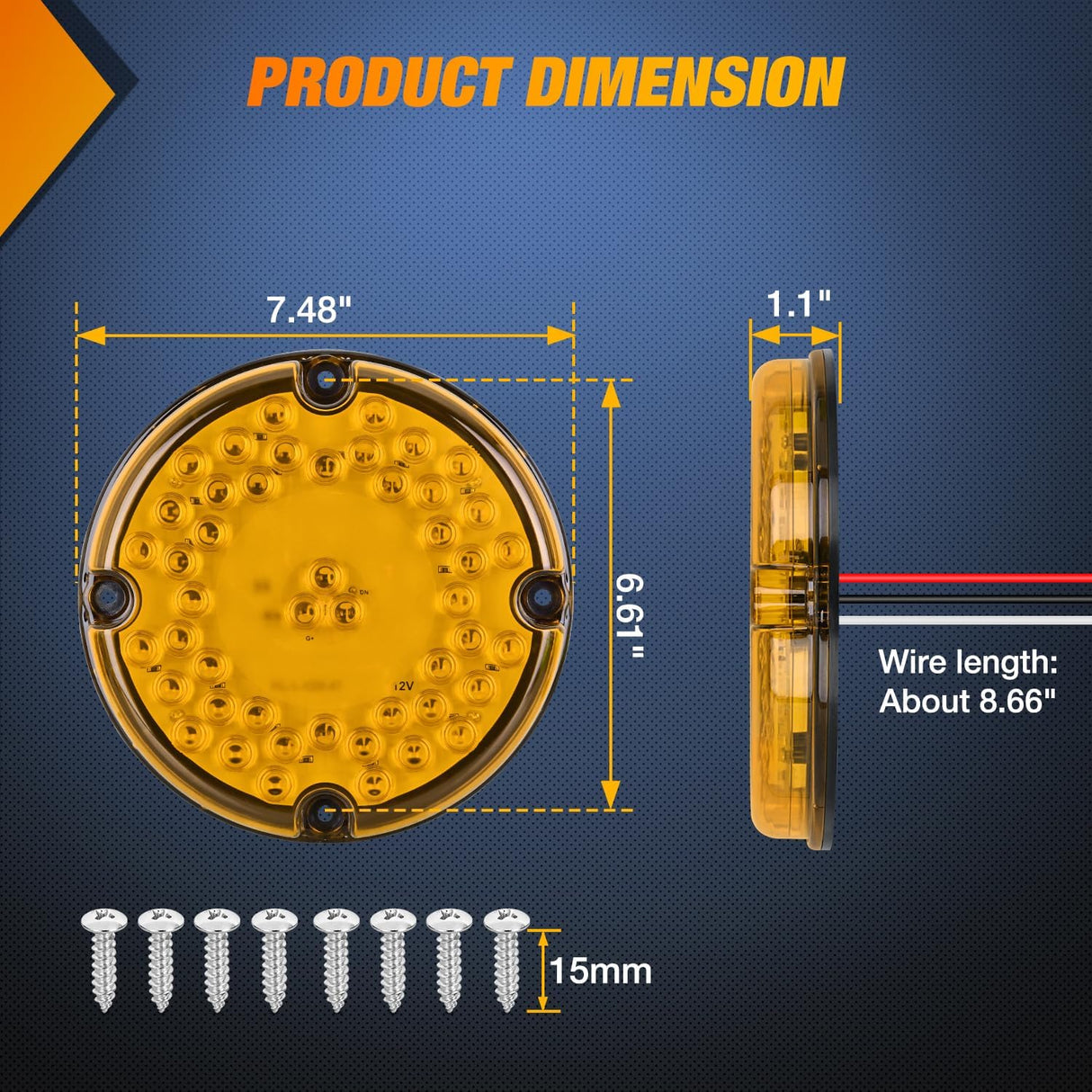 Tail Lights 2PCS 7Inch Round 47LED Amber Reflex Lens | IP67 Waterproof Marker Clearance Turn Signal Running Taillights for Trailer Truck Pickup Camper RV Bus