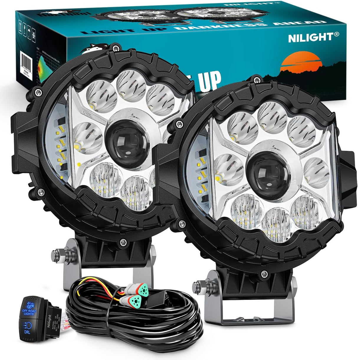 7 Inch LED Offroad Driving Lights High Low Beam 2 PCS 80W Round White Light Side Shooter Spot Flood Fog Light Pod w/ 16 AWG DT Connector Wiring Harness Kit for Jeep Truck ATV UTV SUV