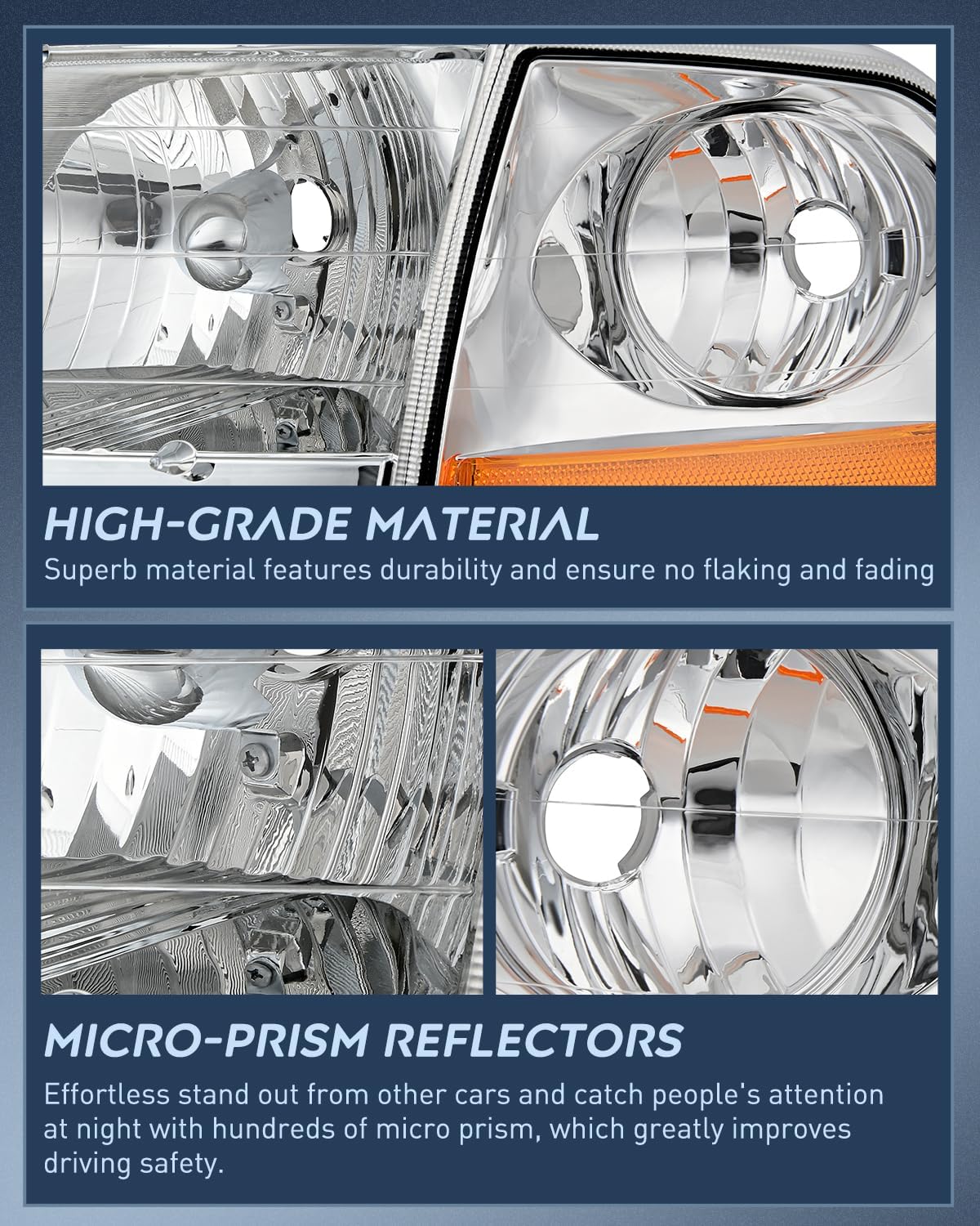 Headlight Assembly Compatible with 1997 1998 1999 2000 2001 2002 2003 Ford F-150 Expedition Chrome Housing Amber Reflector