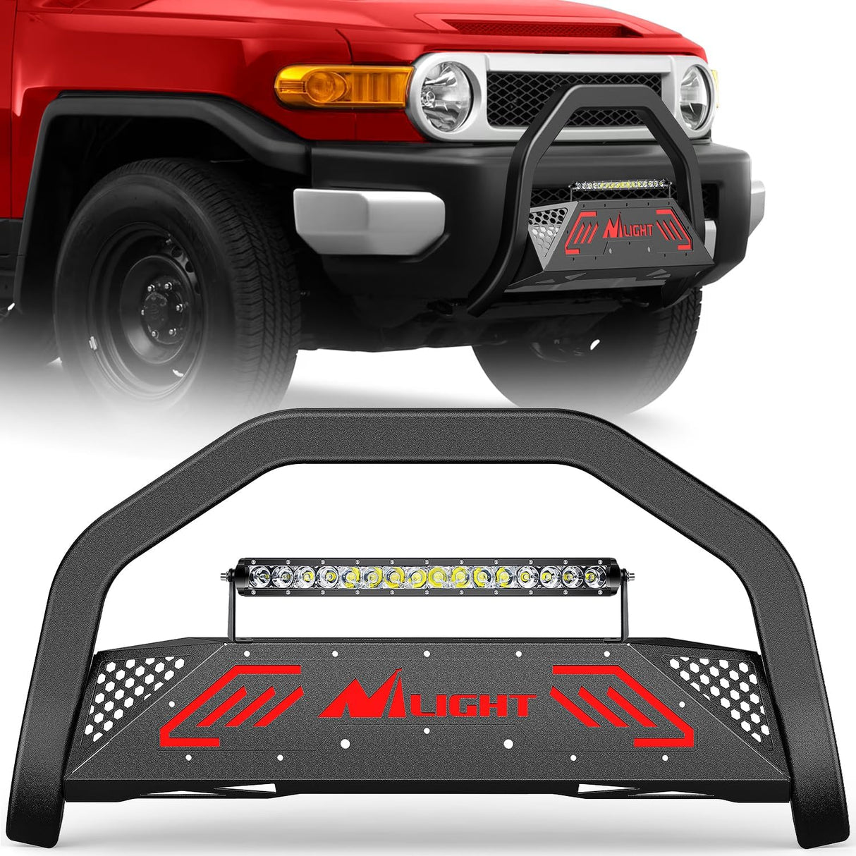 Bull Bar with Light Bar&License Plate Hole Compatible with Toyota Fj Cruizer 2007-2014 Truck Brush Guard, Front Bumper Push Bar w/Grille Skid Plate Light Mount