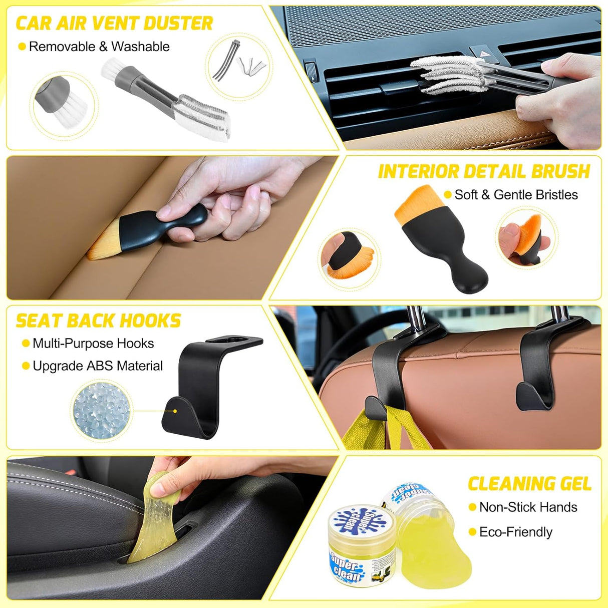 Automotive Tools 52PCS Car Detailing Kit Auto Cleaning Tools Wash Set with Storage Carry Bag Home Use for Interior Exterior Deep Clean Polish Car Care Windshield Dashboard Seat Air Vents Wheels Tires, Yellow