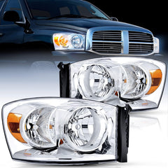 2007-2009 Dodge Ram 1500 2500 3500 Headlight Assembly Chrome Housing Amber Reflector Clear Lens