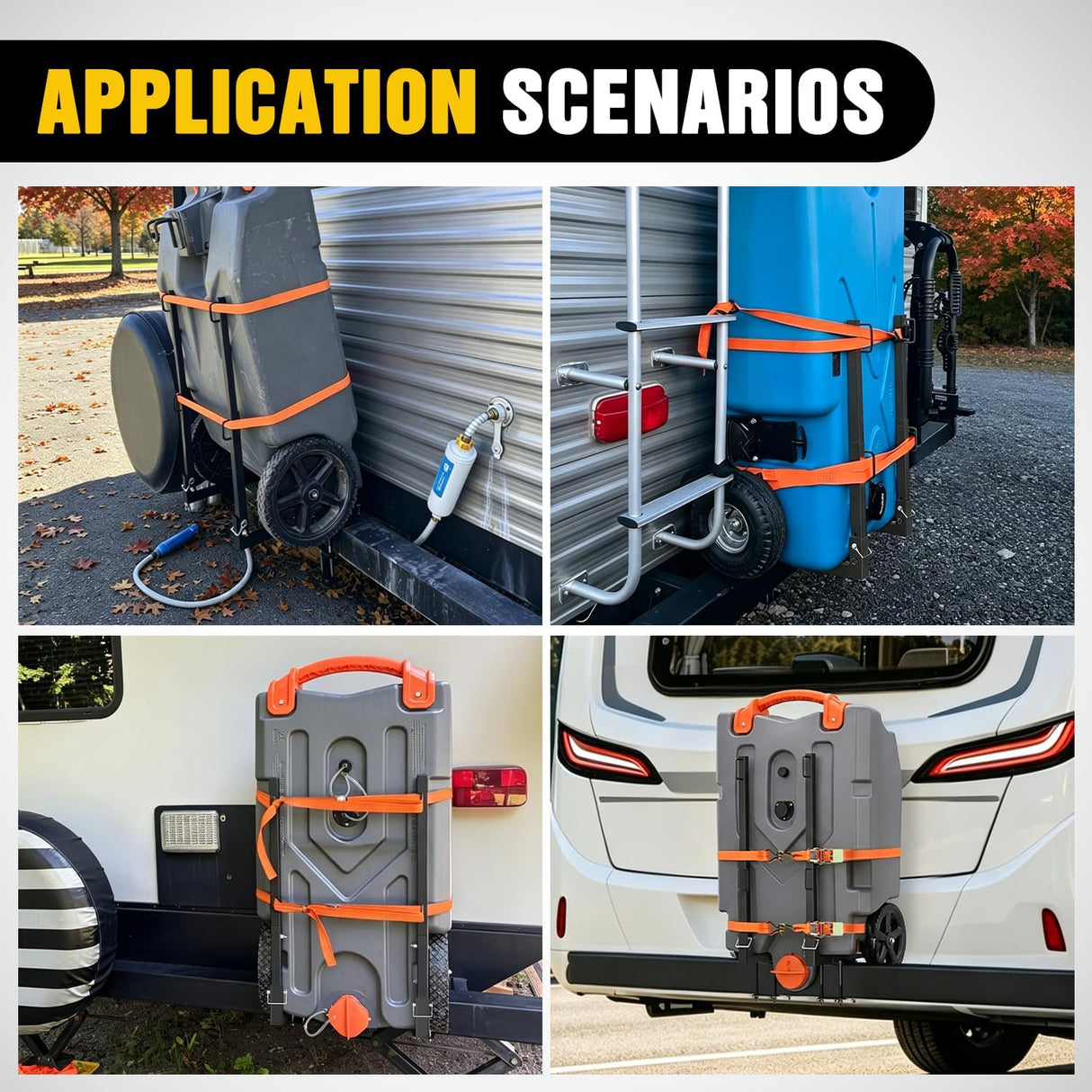 Portable RV Waste Tank Holder 2 Pack, Heavy Duty Adjustable RV Bumper Tote Tank Carrier for 4 Inch-4.5 Inch Square RV Bumpers, with Non-Slip Pads & 2 Ratchet Straps, Black