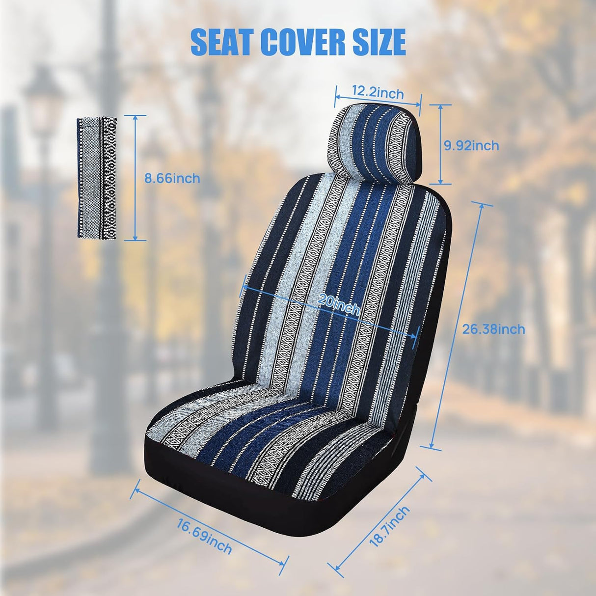 Car Seat Covers 2PCS Blue Baja Blanket Universal Front Seats | Striped Woven Fabric Breathable Washable with Shoulder Pads Airbag Compatible Fits Cars SUVs Trucks