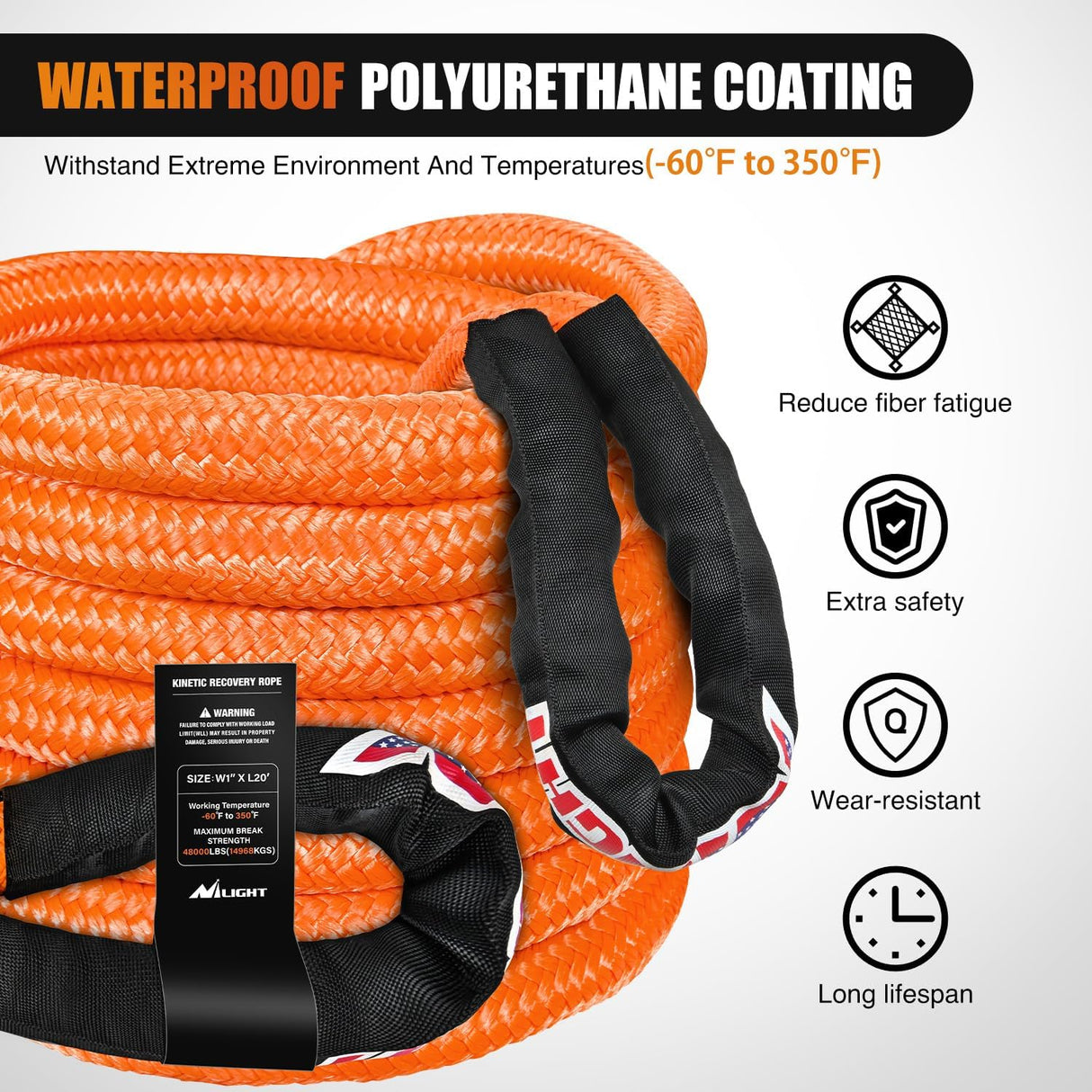 Kinetic Recovery Rope 48000 LBS 1in x 20ft Snatch Strap Heavy Duty Offroad Towing Starp Kit Vehicle Recovery kit for UTV ATV SUV Truck Car Jeep Tractor