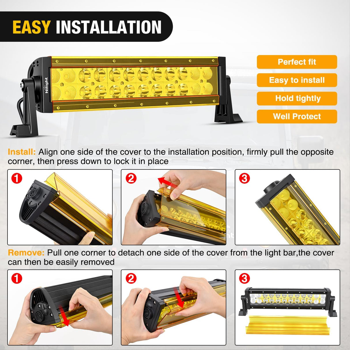 13.5 Inch Spot Flood Combo LED Light Bar Yellow Cover | Protective Durable Polycarbonate Lens, Waterproof Dustproof Scratch-Proof for Side-Mounted Bumper Off Road Driving Fog Lamp