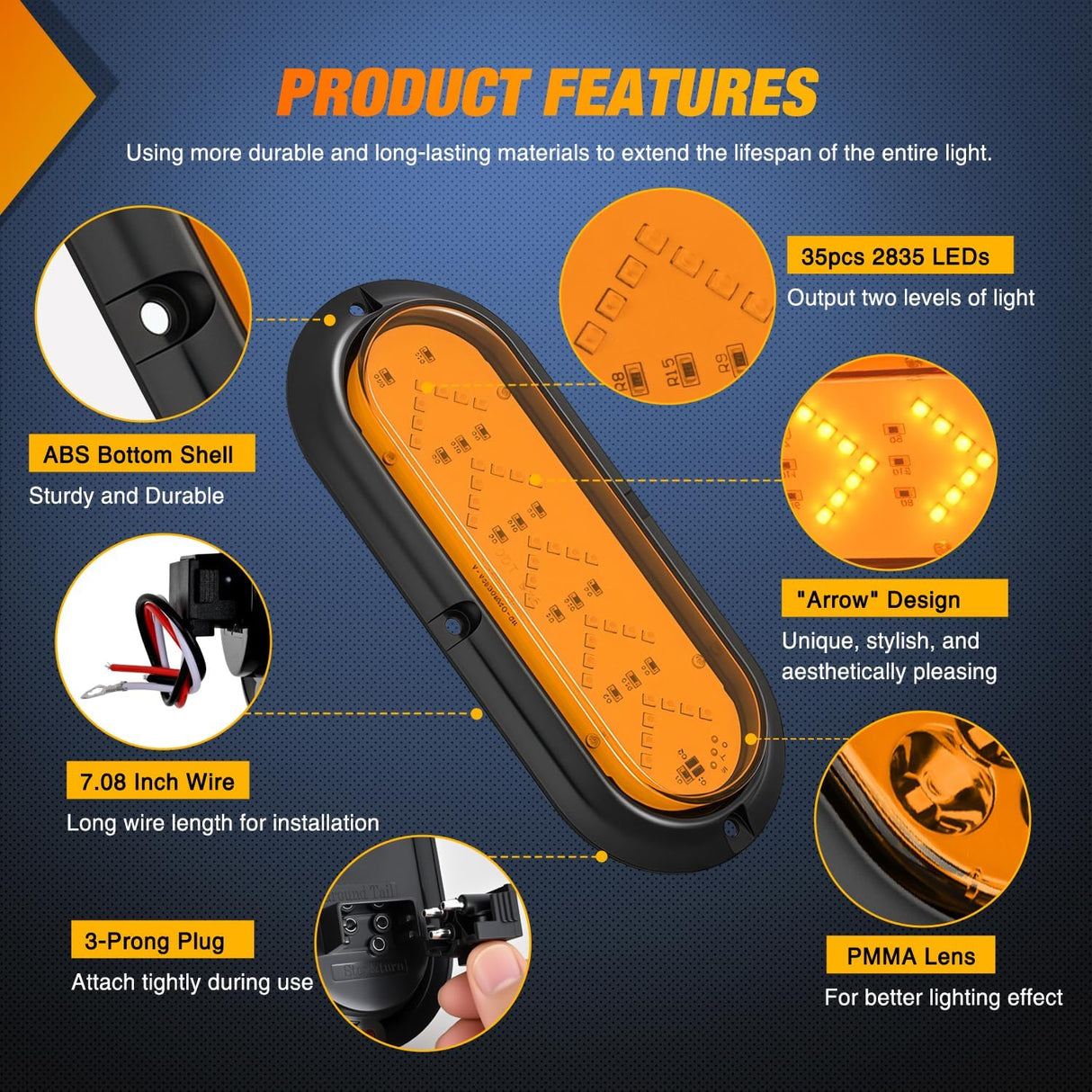 6Inch Oval Tail Light 2PCS 35LED Arrow Amber Running Turn Signals Lights Surface Mount Waterproof for 12V Caravan Truck RV Camper Trailer Bus