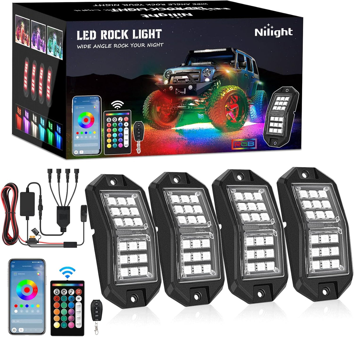 RGB LED Rock Lights Kit 4 PCS 18LED Wide Angle Wheel Well Light with Remote & Bluetooth App Dual Control Multi Modes Underglow Multicolor Neon Pod for ATV UTV SUV Offroad Truck RZR Boat
