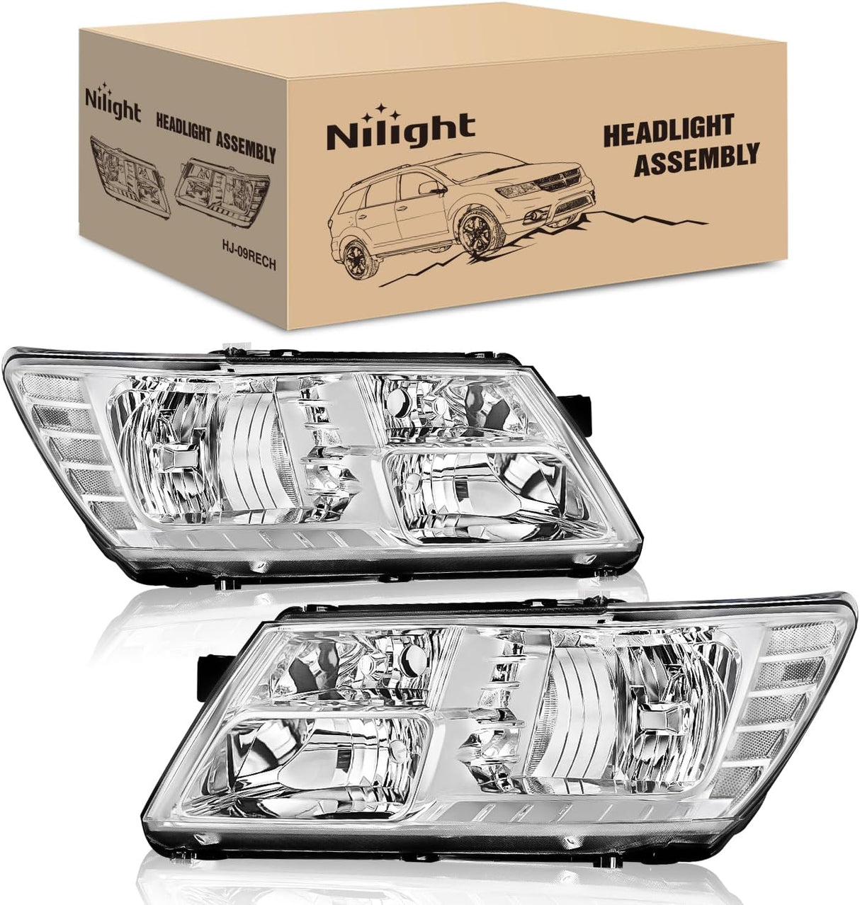 Headlight Assembly Compatible with 2009 2010 2011 2012 2013 2014 2015 2016 2017 2018 2019 2020 Dodge Journey Chrome Housing Clear Reflector Headlamp Passenger and Driver Side