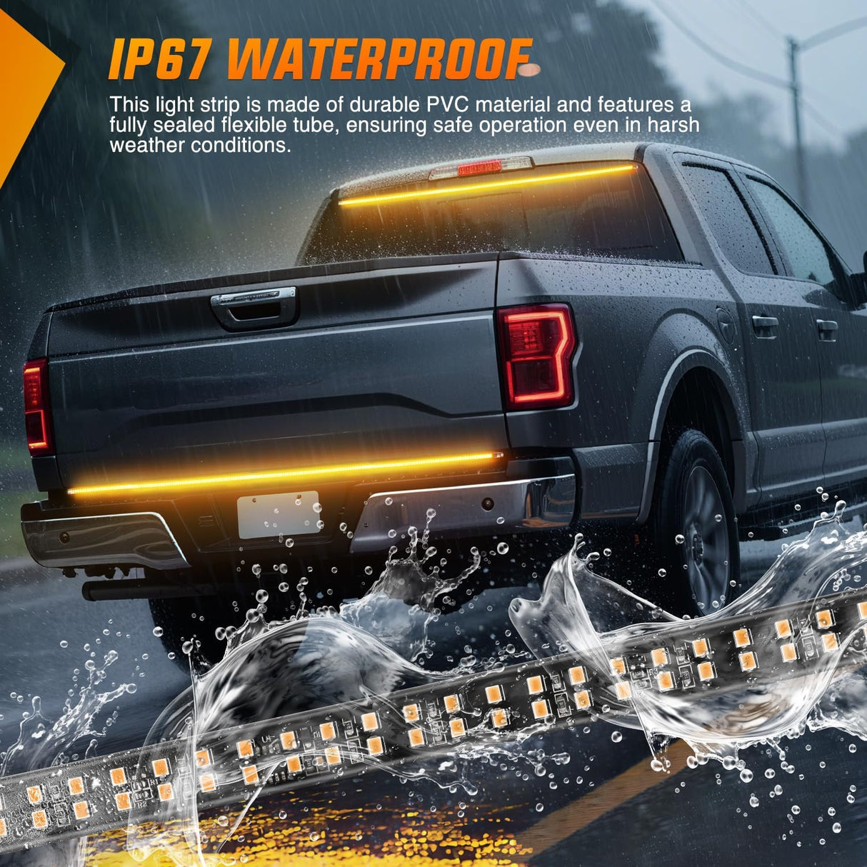 60 Inch Truck Tailgate Strobe Light Strip Tail Emergency Bar Rear Window Warning Lamp Ultra-Bright Double Row 360 LED for Pickup Trailers Construction Vehicles Car SUV, Amber