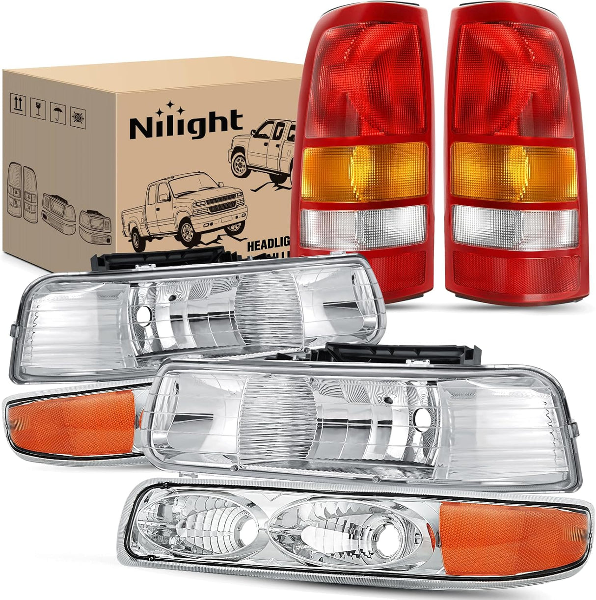 Headlight and Taillight Assembly Combo Compatible with 1999 2000 2001 2002 Chevy Silverado Fleetside only OE Style Chrome Housing Amber Reflector with Red Housing Tail Lights