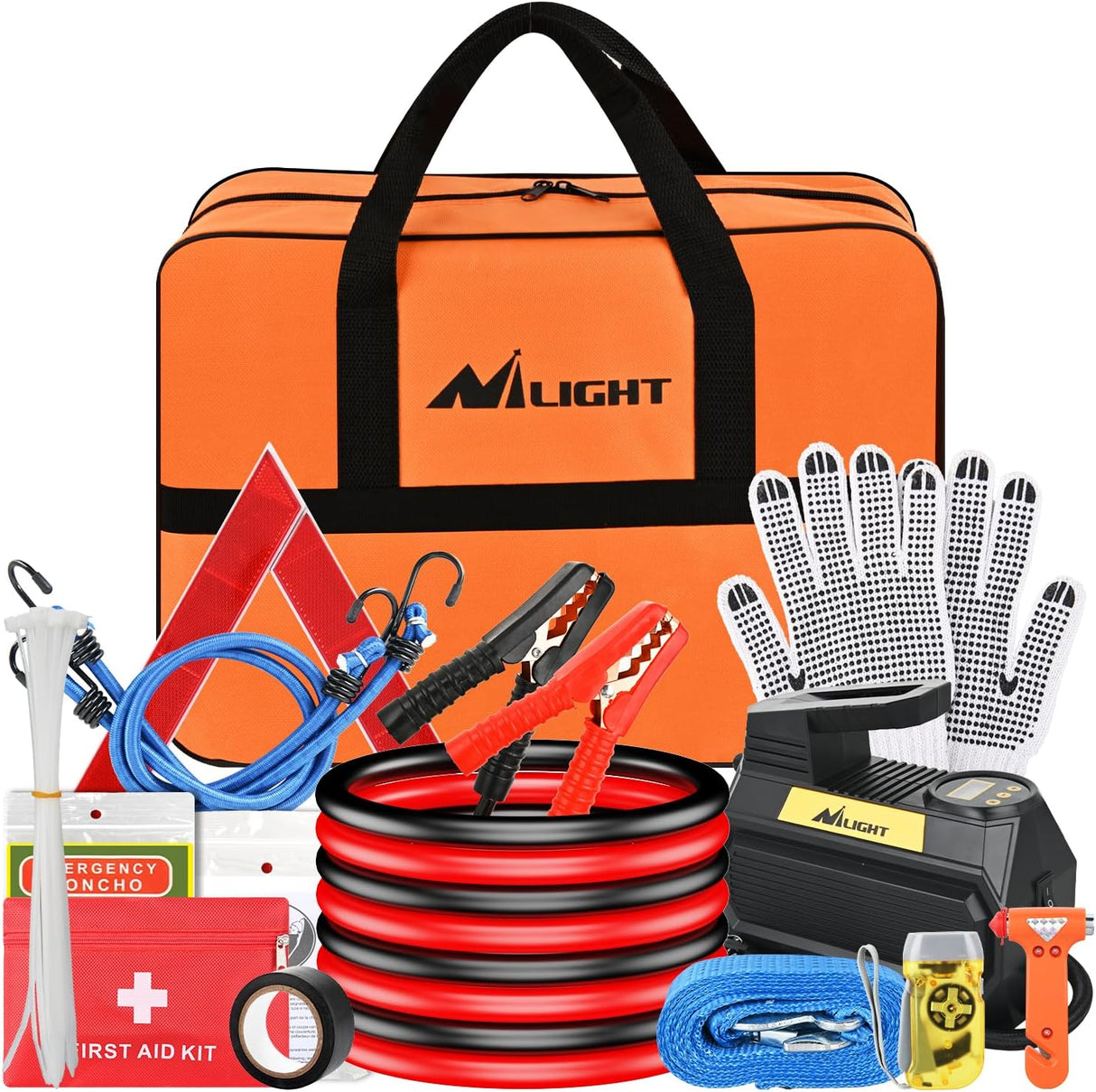 Car Emergency Kit with Jumper Cable Air Compressor Tire Repair Essential Tools First Aid Alligator Connector Electrical Kit for Travel Camping Outdoor Cars Truck SUV RV