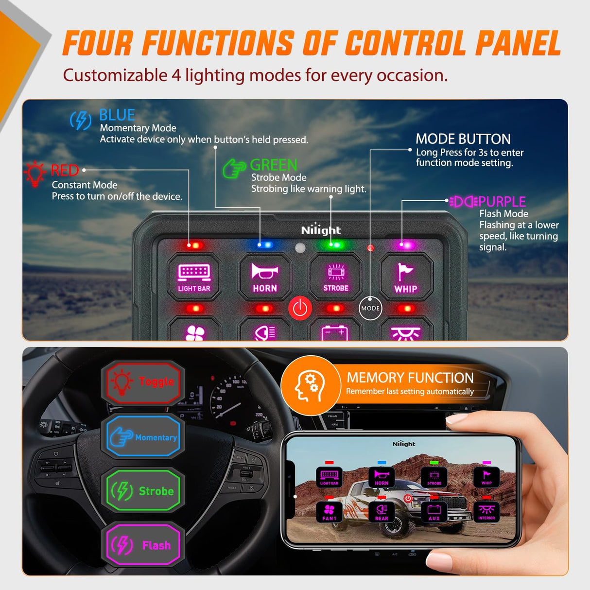 8 Gang Switch Panel Circuit Control Relay System APP RGB Backlight Fuse Wiring Harness Toggle Momentary Strobe Flash Modes Automatic Dimmable 12V 24V for Car Truck Camper SUV