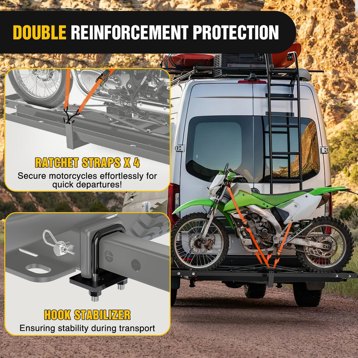 Motorcycle Hitch Carrier 600LBS, Heavy Duty Dirt Bike Hitch Hauler with 55.11 Inch Longer Ramp, Pin, Tie-Down Strap and Tightener, 2 Inch Receiver, 5 Inch Wide Tire