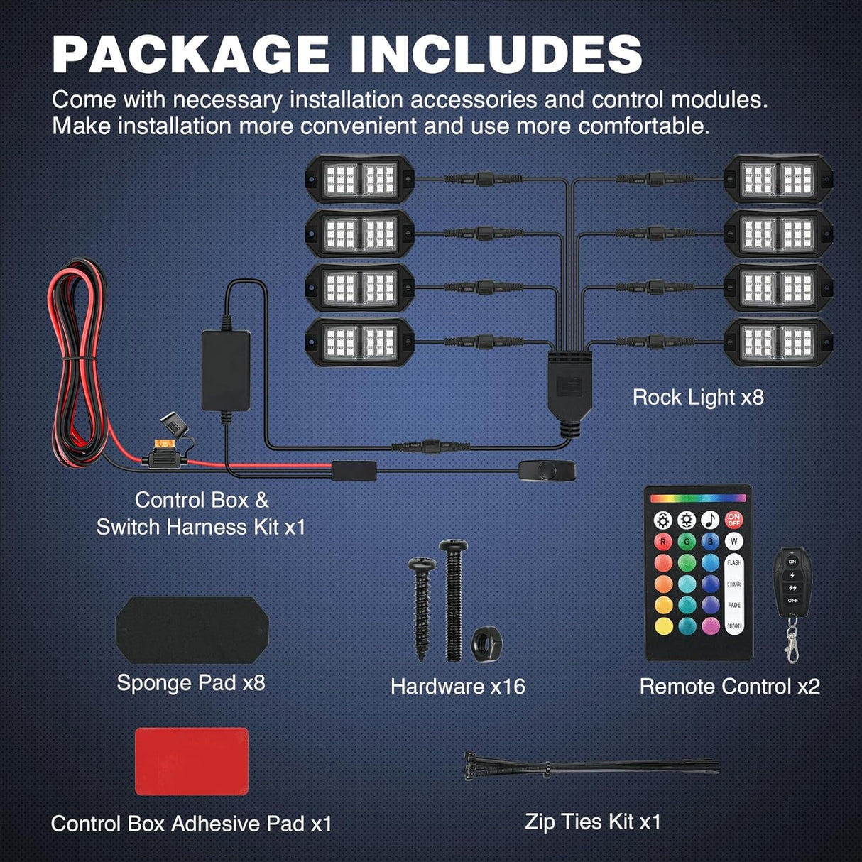 RGB Rock Lights RGB LED Rock Lights Kit 8 PCS 18LED Wide Angle Wheel Well Light with Remote & Bluetooth App Dual Control Multi Modes Underglow Multicolor Neon Pod for ATV UTV SUV Offroad Truck RZR Boat