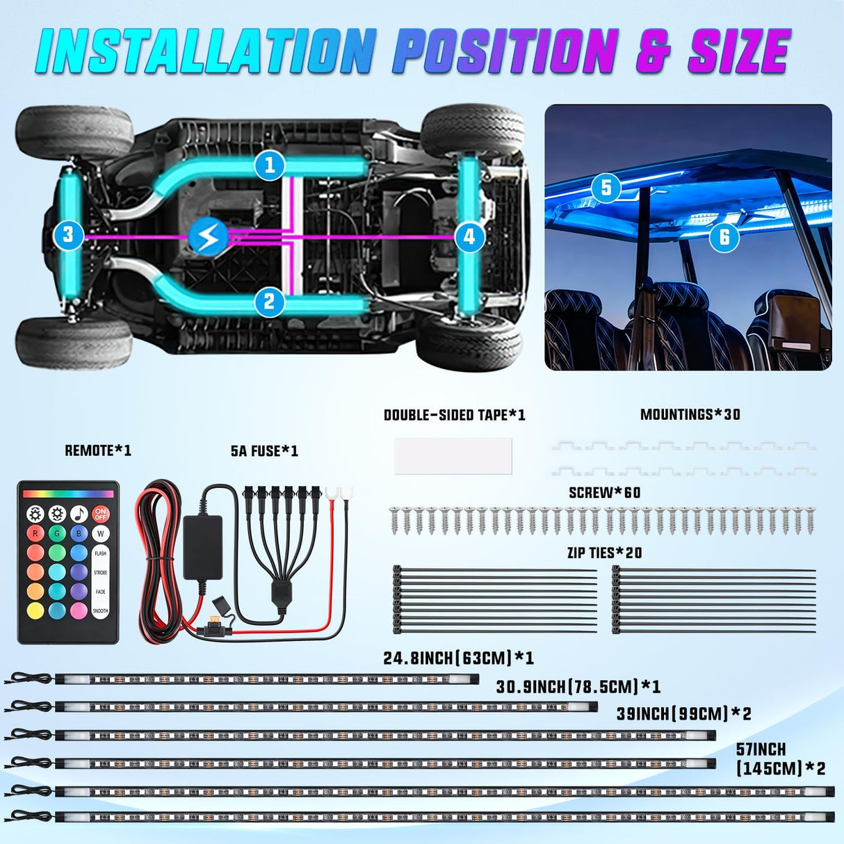 6PCS Golf Cart RGB LED Underglow Light Strips Kit APP & Remote | Multi-Mode Neon Accent Lighting Lamp Sound Active Music Sync IP67 Waterproof 12V-66V Input for EZGO Yamaha Club Car