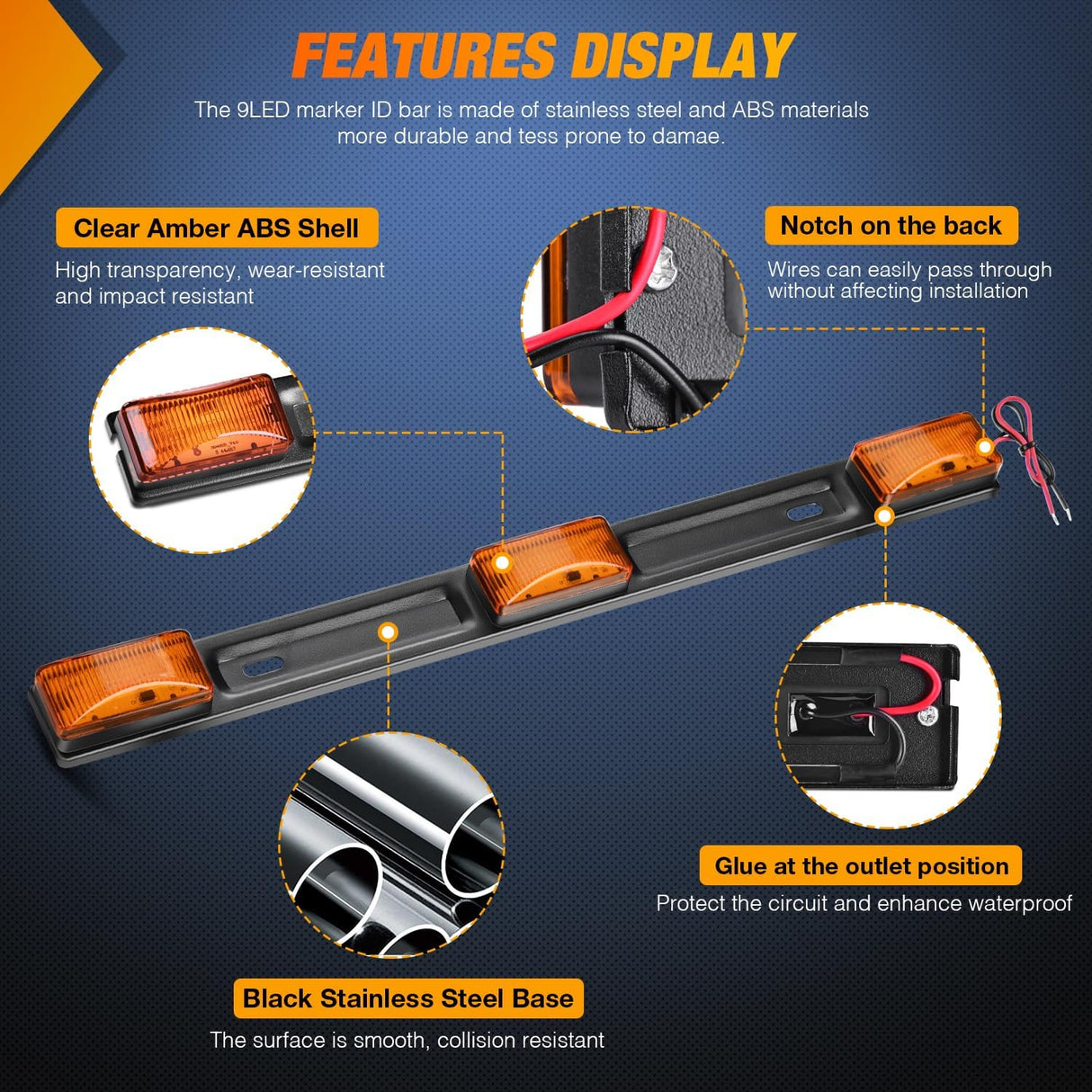 Trailer Light 9 LED Marker Tail Trailer Light Bar 14.2Inch 2 PCS Amber Clearance Identification Running Mark ID Rear Stainless Steel Bracket for 12V Pickup Truck RV Boat