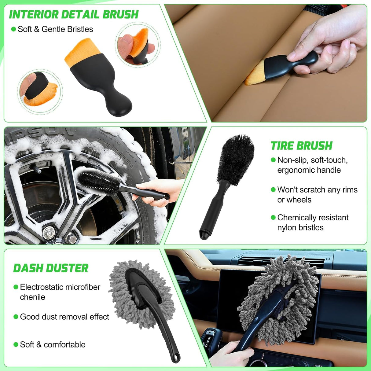 Automotive Tools 37PCS Car Detailing Kit Auto Cleaning Tools Wash Set with Storage Carry Bag Home Use for Interior Exterior Deep Clean Car Care Windshield Dashboard Seat Air Vents Wheels Tires, Green