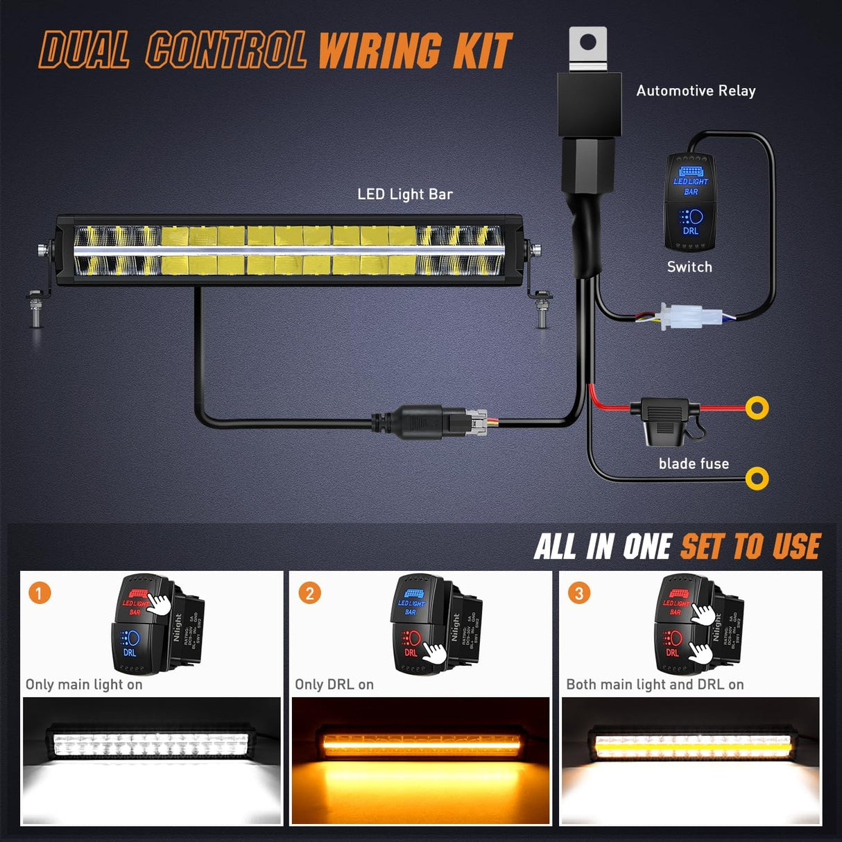 LED Light Bar with Amber DRL 19 Inch 150W Offroad Light Anti-Glare Flood Spot Combo LED Driving Light IP68 w/ 14 AWG DT Connector Wiring Harness for Pickup Truck SUV ATV UTV Boat 4x4