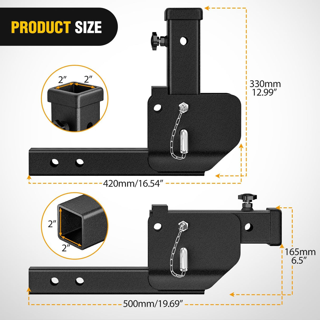 Trailer Hitch Folding Extender Mount Shank 16.54 Inch Compatible with Wheelchair Cargo Carrier Adapter for 2 Inch Receiver Trailer Hitch 500lbs Black Powder Coated