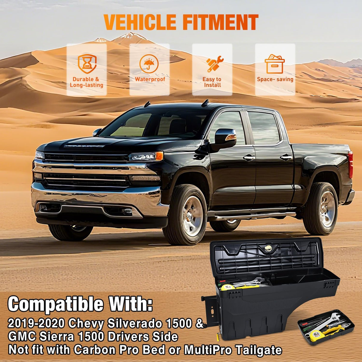Truck Bed Tool Box Left Drivers Side Truck Tool Box Fit for Chevrolet Silverado 1500 GMC Sierra 1500 2019 2020 ABS Swing Case Truck Bed Storage Box w Lockable Lid Waterproof Wheel Well Toolbox
