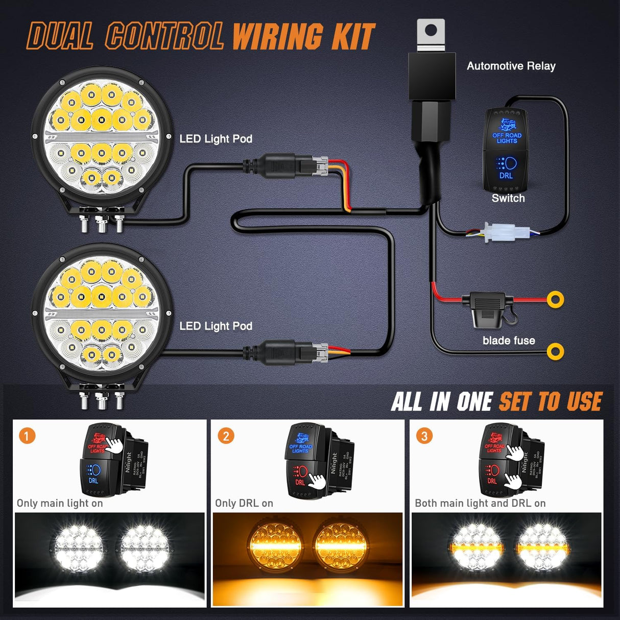 LED Offroad Driving Lights with Amber DRL 2PCS 7 Inch Round 90W IP68 Spot Flood Combo Work Light Bar with 12 AWG DT Connector Wiring Harness Kit for 4x4 Truck ATV UTV SUV