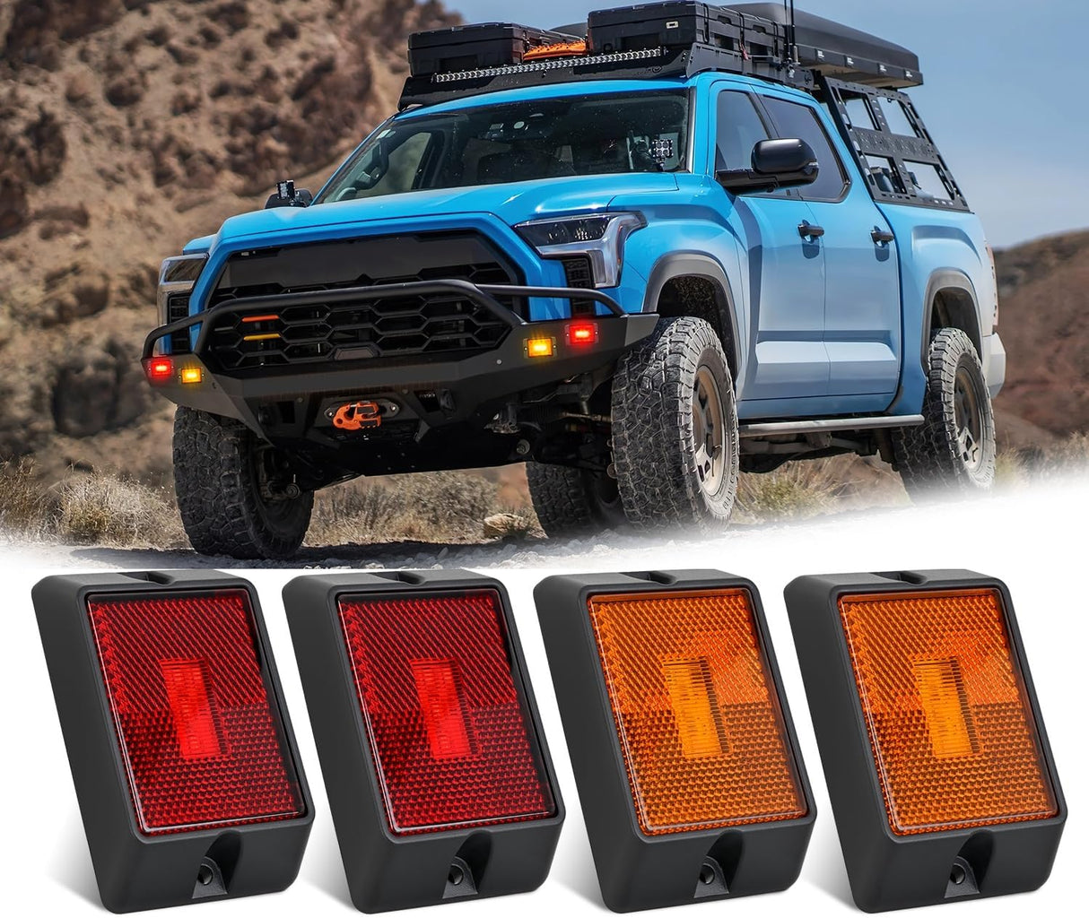 Side Marker Light 4PCS Square 3LED Red Amber Front Rear Clearance Indicator Lights Reflective Lens Surface Mounted Waterproof for 12V Truck Trailer RV Boat